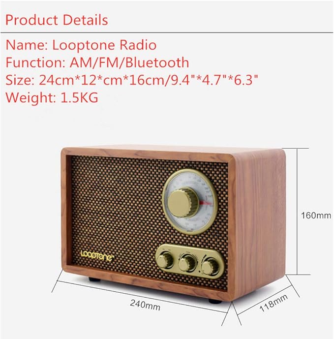 LoopTone AM FM Classic Retro Radio with Bluetooth Speaker,Vintage Wood Table Radio with Treble Bass Control for Kitchen Living Room with Rotary Knob Brown