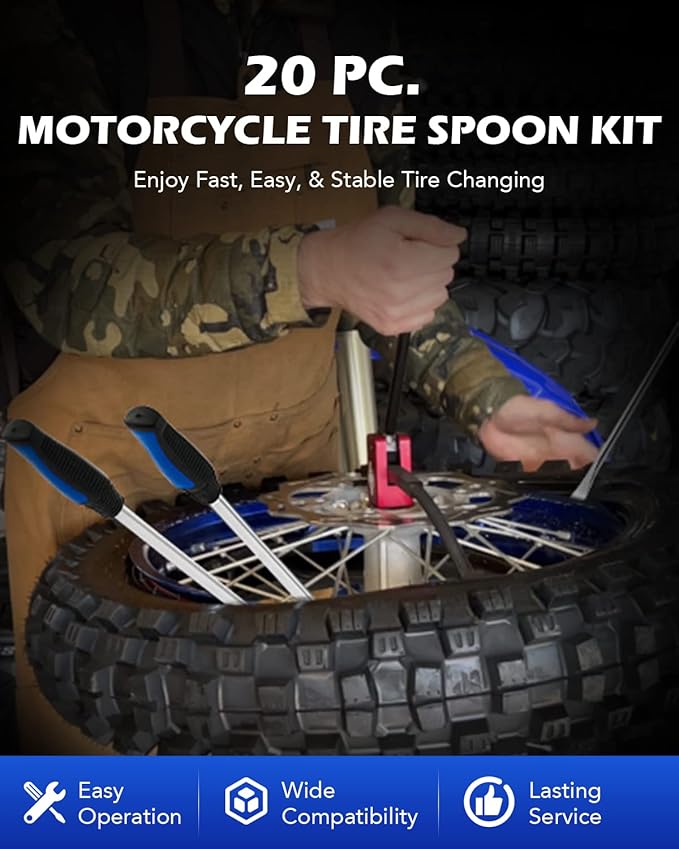 Orion Motor Tech Tire Spoon Kit, 20pc Tire Changing Tool for Motorcycle Dirt Bike Lawn Tractor Bicycle, 11.5" Small Motorcycle Tire Spoons Tire Removal Tool with 4pc Rim Covers Valve Tool Valve Cores