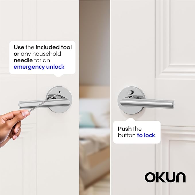 Okun Stark 6-Pack Chrome Privacy Door Levers – Push Button Lock, Reversible, Sleek Concealed-Mount Design for Bedroom & Bathroom