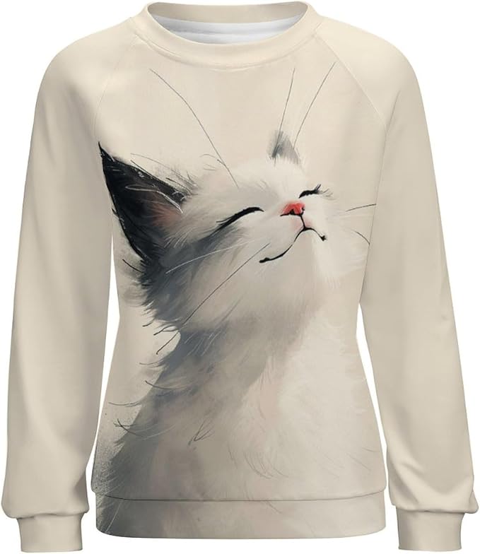 Long Sleeve Shirt Women Fall Cat Print Funny Hide Belly Vacation Plus Size Ladies Hippie Dressy Sweaters