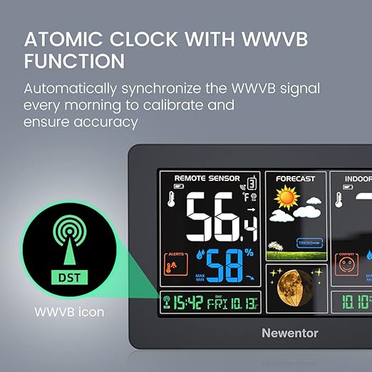 Newentor Weather Station Wireless Indoor Outdoor Thermometer, Color Display Digital Weather Thermometer with Atomic Clock, Barometric Pressure, Forecast Station with Adjustable Backlight, Black