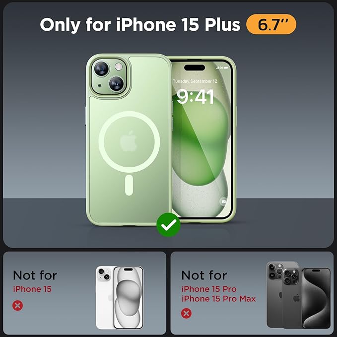 Miracase Magnetic for iPhone 15 Plus Case 6.7 inch (Compatible with MagSafe)（with 2X Screen Protectors） Military-Grade Protection, Anti-Fingerprint Translucent Matte Phone Cover, Light Green