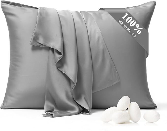 100% Pure Silk Pillowcase 2 Pack for Hair and Skin, Both Sides 23 Momme Grade 6A+ Mulberry Silk Pillowcases with Hidden Zipper, Soft&Smooth Cooling Pillow Cases (Gray, Queen 20x30)