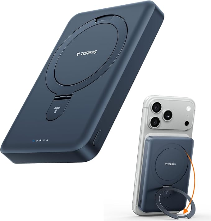 TORRAS EasyGo 10000mAh Magnetic Portable Charger Power Bank for iPhone, Fast Charging Travel Essential Wireless Battery Pack with Stand Compatible with Magsafe,17 Pro Max,Pro,16,15,14,13,12, Deep Blue