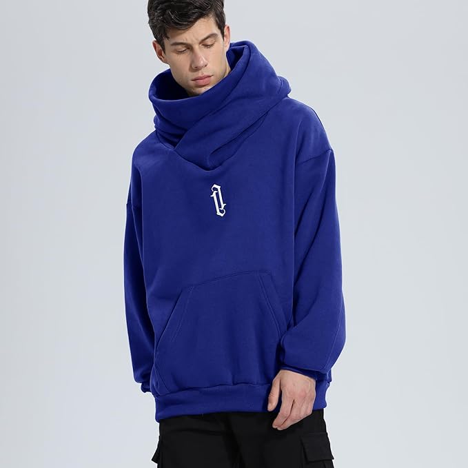 Fleece Hoodies for Men Cowl Neck Sweatshirts Hood with neck Gaiter Casual Pullover Fall Winter with Embroidery