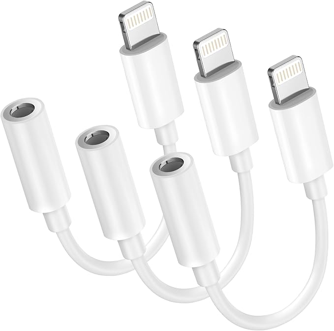 Apple MFi Certified 3-Pack Lightning to 3.5mm Headphone Jack Adapter with DAC, Headphone/Earphone Hi-Fi Audio Dongle & Car Aux Cable for iPhone 14/13/12/11/XR/X/8/7, Car, Gym, Travel, Office Use-White