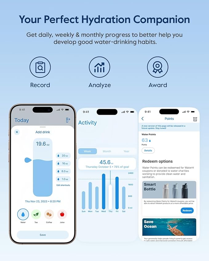 BOOST Smart Water Bottle that Reminds You to Drink, 24oz BPA-Free Stainless Steel Vacuum Insulated Bottle, Wide Mouth Water Tracker Bottle with APP, Ideal Gift for Christmas, New Year
