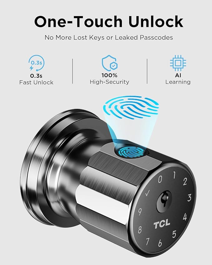 TCL K1 Smart Knob, Fingerprint Door Knob with Lock, Interior Door Knobs with App Control, Electronic Code Indoor Knobs for Bedroom, Home, Apartment, Office and Garages
