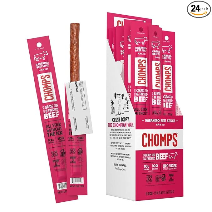 Chomps Grass-Fed and Finished Spicy Habanero Beef Jerky Snack Sticks 24-Pack - Keto, Paleo, Whole30, 10g Lean Meat Protein, Gluten-Free, Zero Sugar Food, Non-GMO