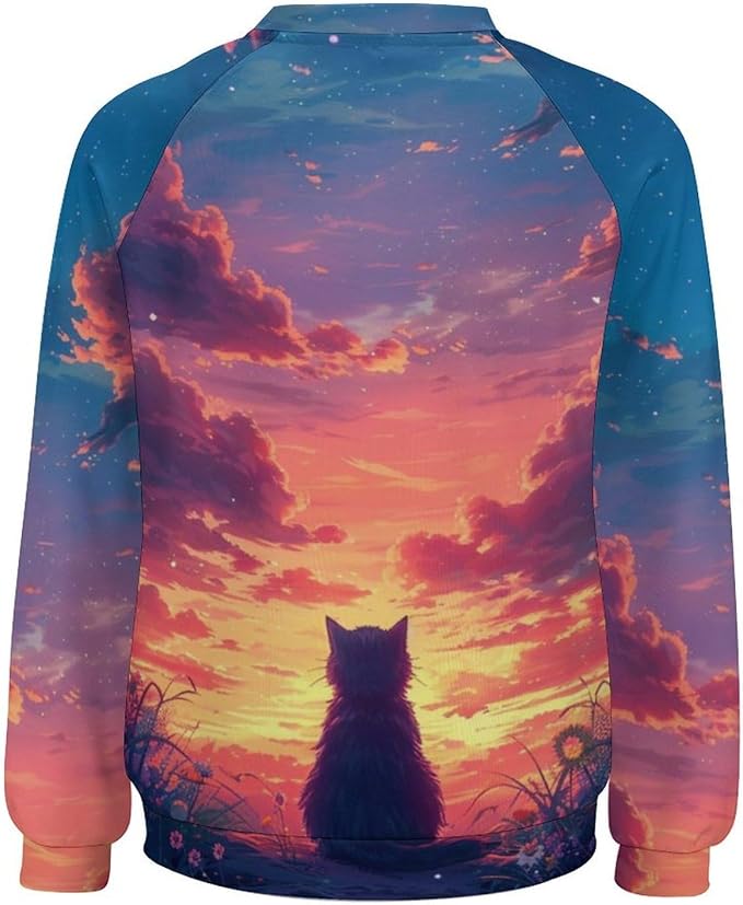 Long Sleeve Shirts for Women Cat Printed Fall Winter Dressy Holiday Casual Fashion Crewneck Tunic Tee Shirts