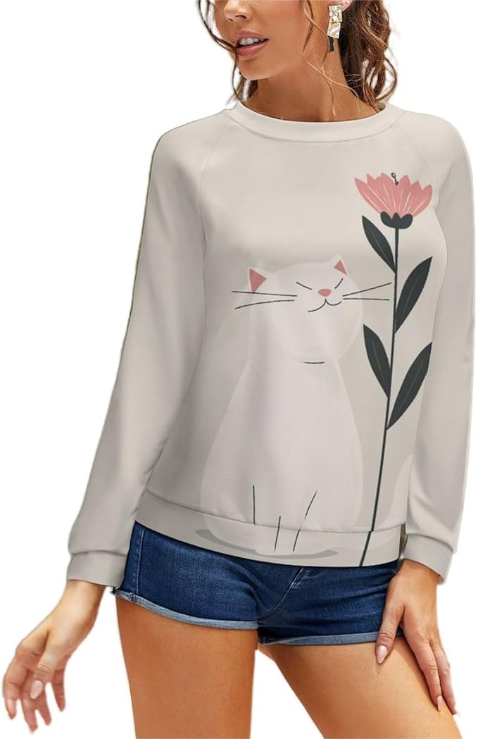 Long Sleeve Shirts for Women Cat Printed Fall Winter Dressy Holiday Casual Fashion Crewneck Tunic Tee Shirts
