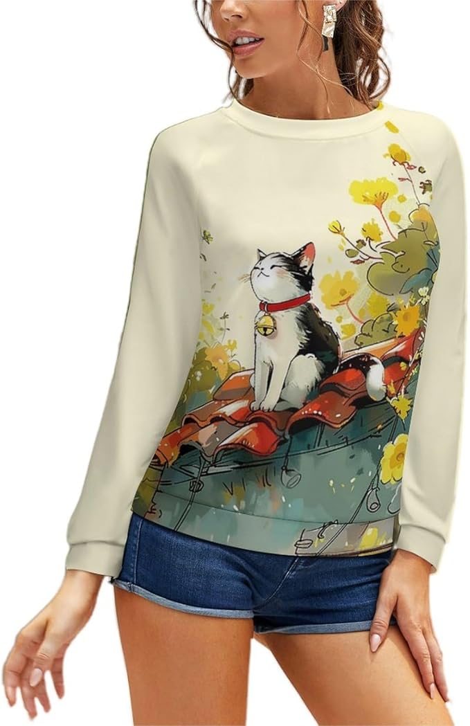 Long Sleeve Shirts for Women Cat Printed Fall Winter Dressy Holiday Casual Fashion Crewneck Tunic Tee Shirts