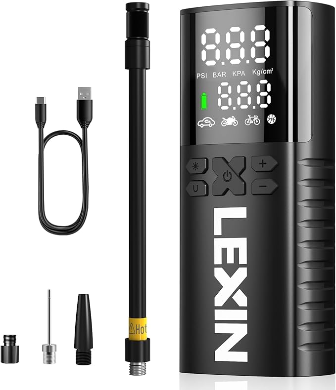 LEXIN P4 Tire Inflator Portable Air Compressor, 150PSI Electric Air Pump for Car Tires, w/Pressure Gauge&LED Light, 4000mAh Cordless Smart Pump for Car/Motorcycle/Bike/Bicycle/Scooter/Ball/Inflatable