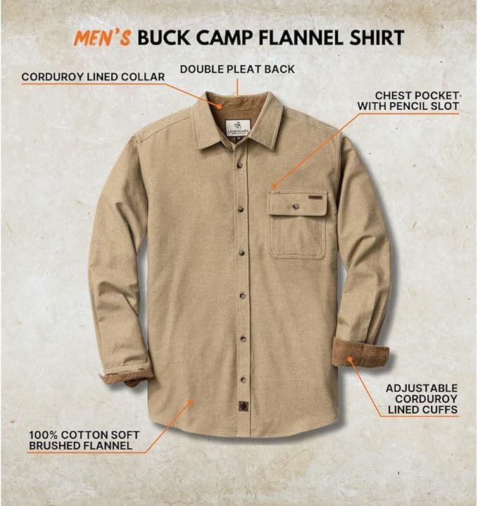 Legendary Whitetails Men's Flannel Shirt Long Sleeve Button Down 100% Cotton