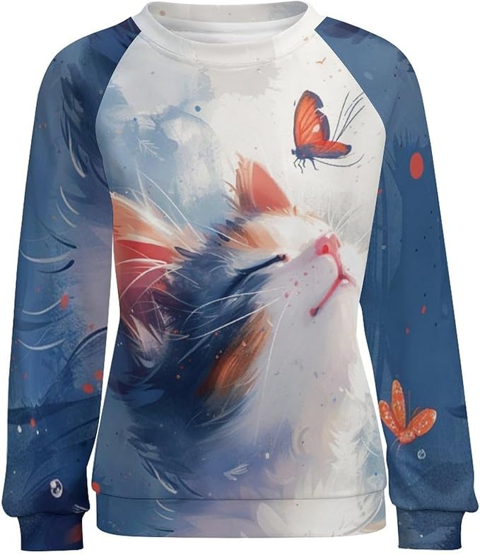 Long Sleeve Shirts for Women Cat Printed Fall Winter Dressy Holiday Casual Fashion Crewneck Tunic Tee Shirts
