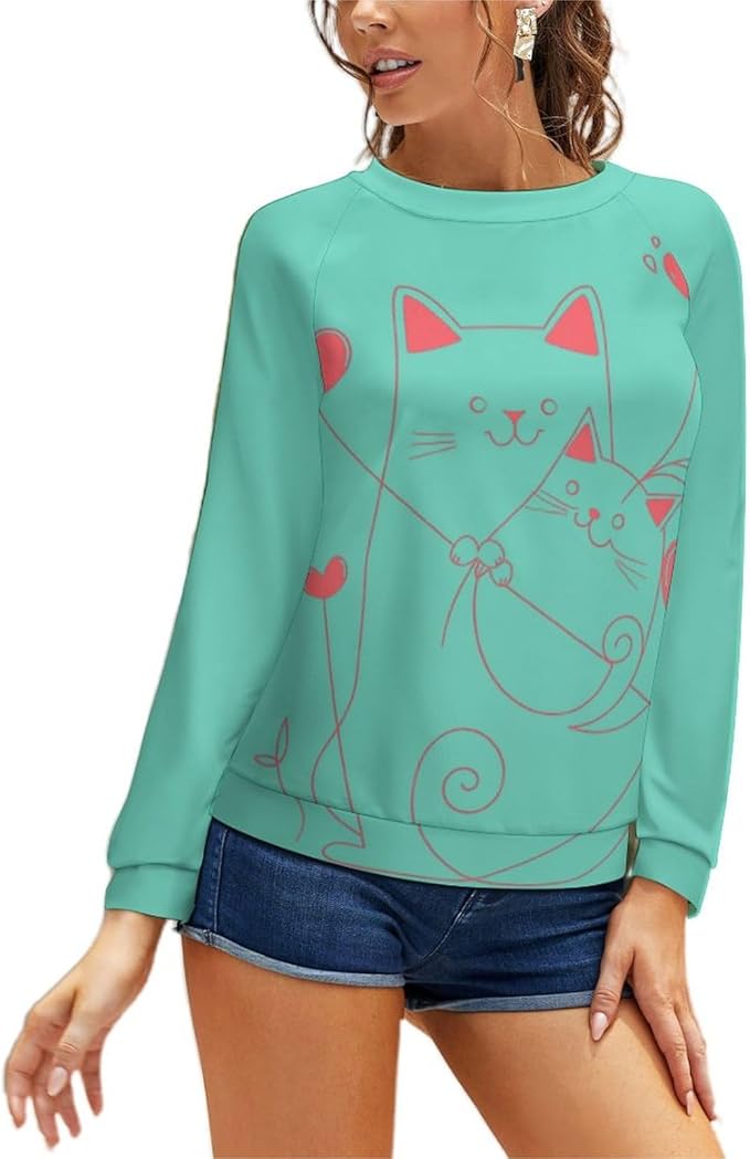 Long Sleeve Shirt Women Fall Cat Print Funny Hide Belly Vacation Plus Size Ladies Hippie Dressy Sweaters
