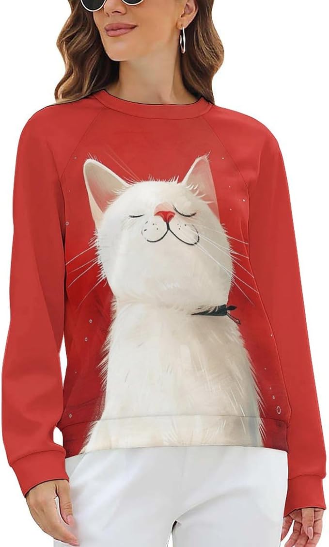 Long Sleeve Shirts for Women Cat Printed Fall Winter Dressy Holiday Casual Fashion Crewneck Tunic Tee Shirts