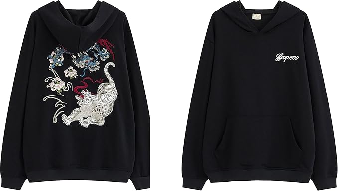 XYXIONGMAO Embroiderd Streetwear Dragon Tiger Fight Hoodies Men Japanese Black Hip Hop Graphic Hoodie Techwear Sweatshirt