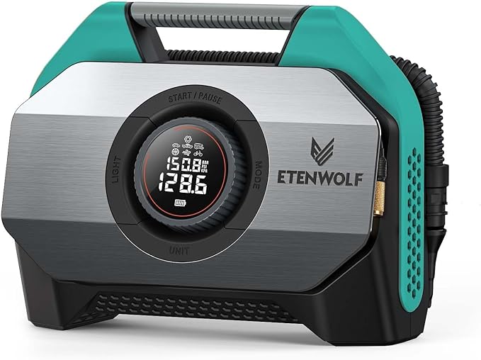 ETENWOLF Vortex S6 Tire Inflator Portable Air Compressor for Heavy-Duty Vehicles, Cordless Air Pump for Car & Inflatables with 19200 mAh Battery, 100% Duty Cycle & Dual Cylinder Bike Pump, Dark Cyan