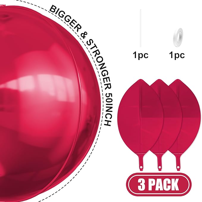 50 Inch Giant Burgundy Red Round Foil Balloons, 3Pcs Metallic Deep Red 4D Ball Balloons for Birthday New Year Eve Wedding Engagement Graduation Anniversary Party Decorations 2026