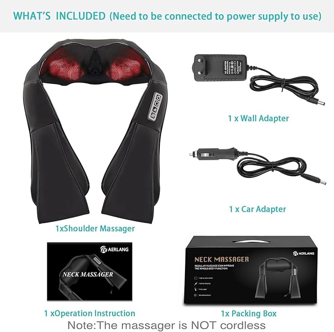 AERLANG Shiatsu Back and Neck Massager, Back Massager Deep Tissue Kneading Neck and Shoulder Massage with Heat, Electric Massage Pillow Fathers Day Gift Ideas from Daughter Son(NOT Cordless)