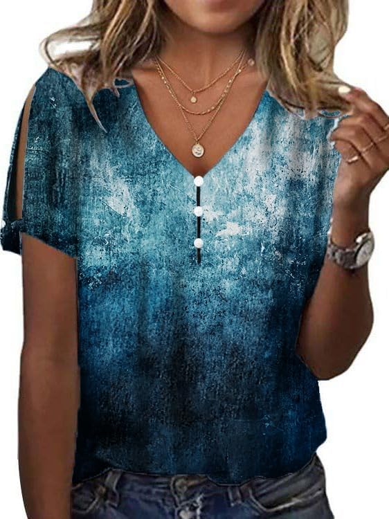 Women's Boho Butterfly Floral Print Cold Shoulder Flowy Tops Summer Dressy Casual V Neck Ladies Blouses Tunic Tops