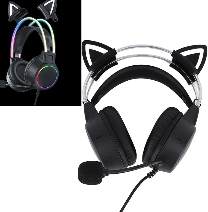 SUNGOOYUE Cat Ear Gaming Headset,with RGB Lighting 50MM Drivers Adjustable Headband Soft Cushions for PC Laptop Switch Series X S