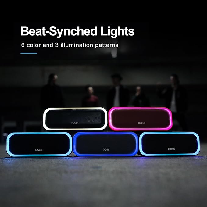 DOSS SoundBox Pro Bluetooth Speaker, 20W Stereo Sound, Active Extra Bass, 20H Playtime, Multi-Colors Lights, Wireless Stereo Pairing, IPX6 Waterproof for Garden, Hiking, Camping, Party-Stone Blue