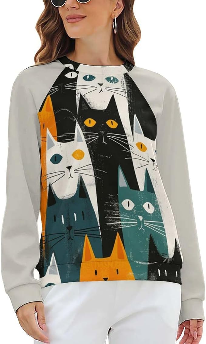 Long Sleeve Shirt Women Fall Cat Print Funny Hide Belly Vacation Plus Size Ladies Hippie Dressy Sweaters