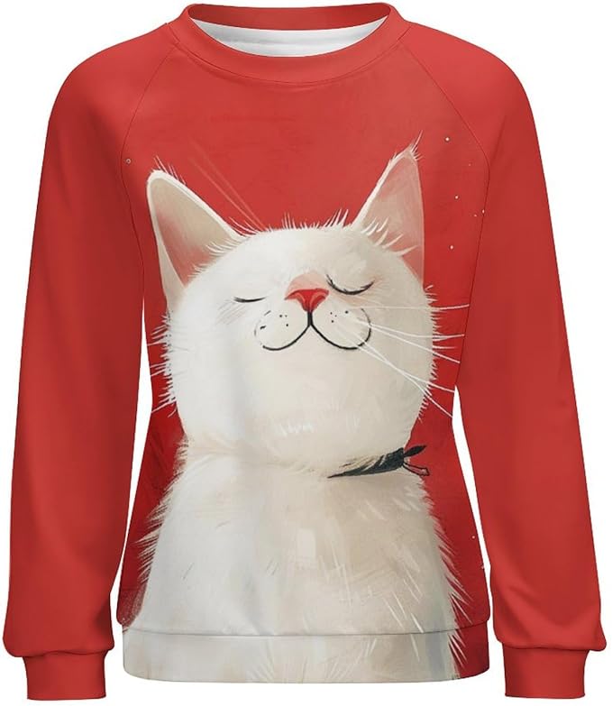 Long Sleeve Shirts for Women Cat Printed Fall Winter Dressy Holiday Casual Fashion Crewneck Tunic Tee Shirts