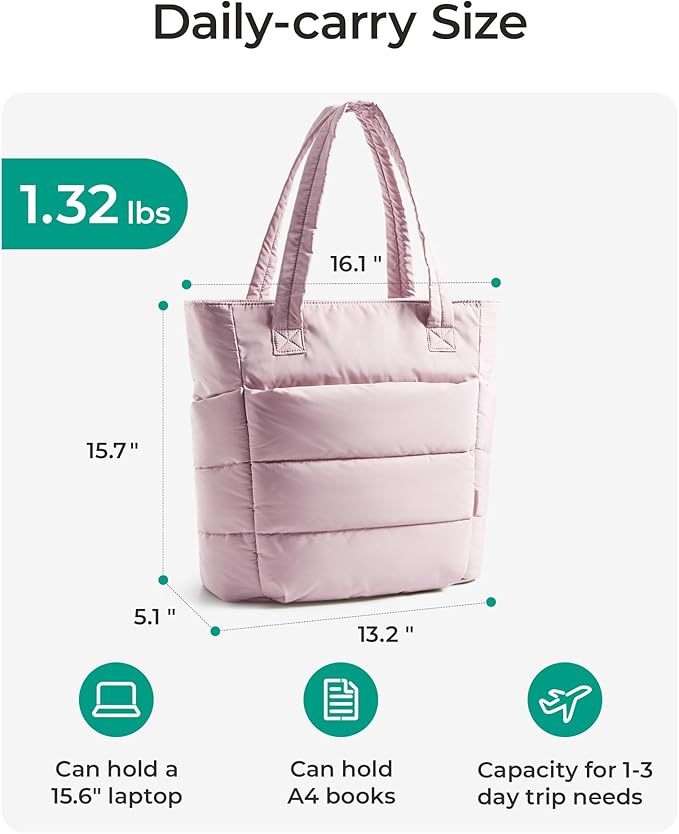 BAGSMART Tote Bag for Women, Lightweight Puffy Tote Bag with Compartments Shoulder Bag Handbag for Travel, Work, Gym | Puffy, Lightweight, for Travel, Quilted, Tote Bag with Compartments, Work