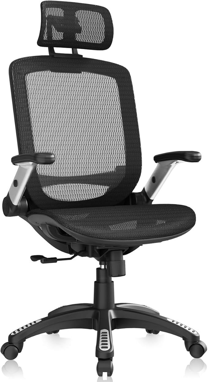 GABRYLLY Ergonomic Office Chair, High Back Home Desk Chair with Headrest, Flip-Up Arms, 90-120° Tilt Lock and Wide Cushion, Big and Tall Mesh Chairs for Man Woman, Black Task Chair