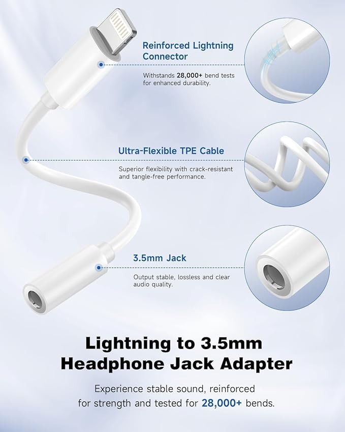 Apple MFi Certified 3-Pack Lightning to 3.5mm Headphone Jack Adapter with DAC, Headphone/Earphone Hi-Fi Audio Dongle & Car Aux Cable for iPhone 14/13/12/11/XR/X/8/7, Car, Gym, Travel, Office Use-White