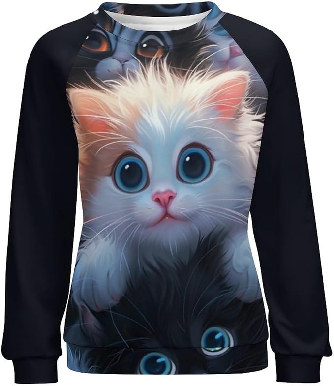 Long Sleeve Shirt Women Fall Cat Print Funny Hide Belly Vacation Plus Size Ladies Hippie Dressy Sweaters