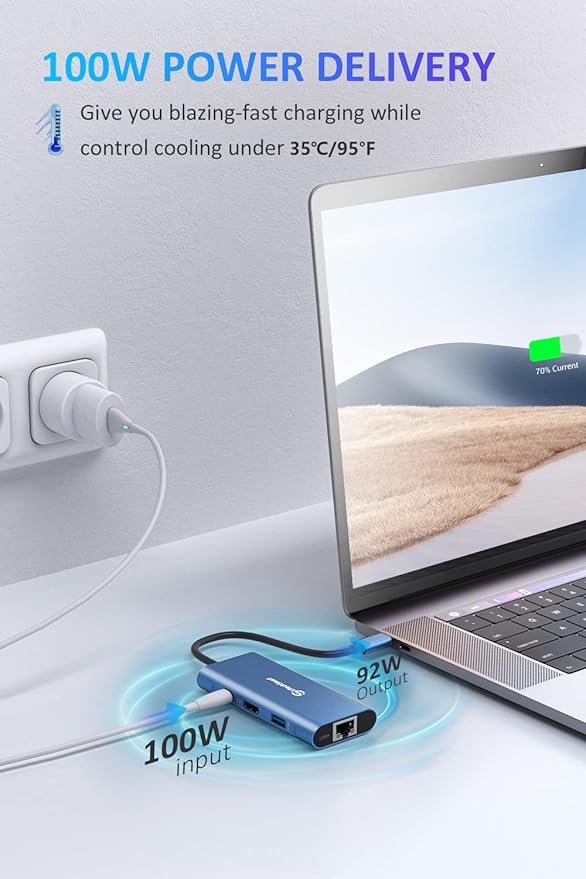 UtechSmart USB C Hub, Ethernet Multiport Adapter 6 in 1 USB C to HDMI Dock Compatible for MacBook Pro/Air, Chromebook, Dell XPS, HP and Type C Devices (Gigabit Ethernet 100W PD 4K HDMI USB 3.0) Blue