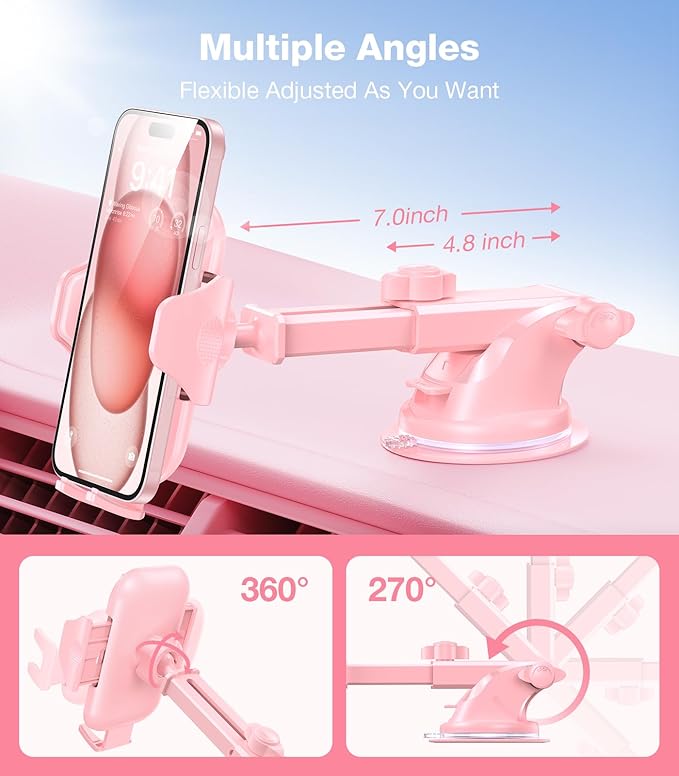 VICSEED Pink Phone Holder for Your Car [Sturdy & Durable] [Powerful Suction] Dashboard Windshield Air Vent Car Phone Holder Hands Free Phone Mount for Car for iPhone Android, Pink Car Accessories