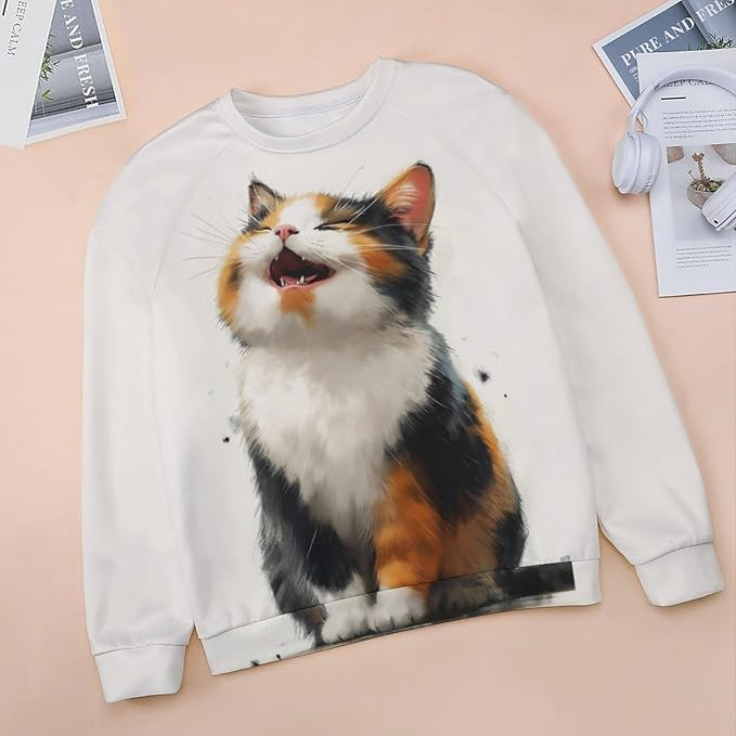 Long Sleeve Shirts for Women Cat Printed Fall Winter Dressy Holiday Casual Fashion Crewneck Tunic Tee Shirts
