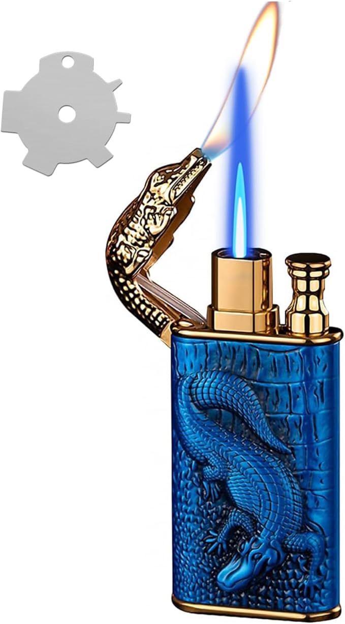 Torch Lighter, Relief Wolf Design Magic Dual Flame Lighter with Adjusting FlameTool, Cool Windproof Jet Lighters, Refillable Butane Lighters for Mens Outdoor Indoor(Without Butane)-Blue Crocodile