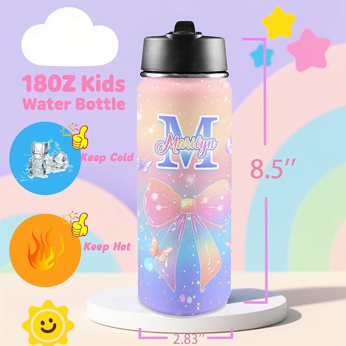 VIPOPSA Custom Kids Insulated Water Bottle 18oz Personalized Water Bottle With Straw Lid Gifts For Girls Boys School Sports Bottles