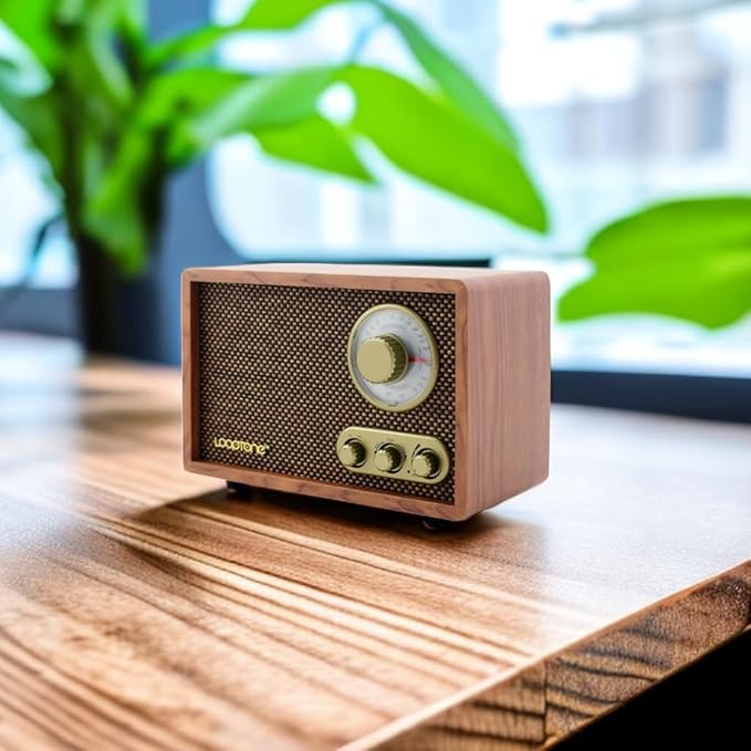 LoopTone AM FM Classic Retro Radio with Bluetooth Speaker,Vintage Wood Table Radio with Treble Bass Control for Kitchen Living Room with Rotary Knob Brown