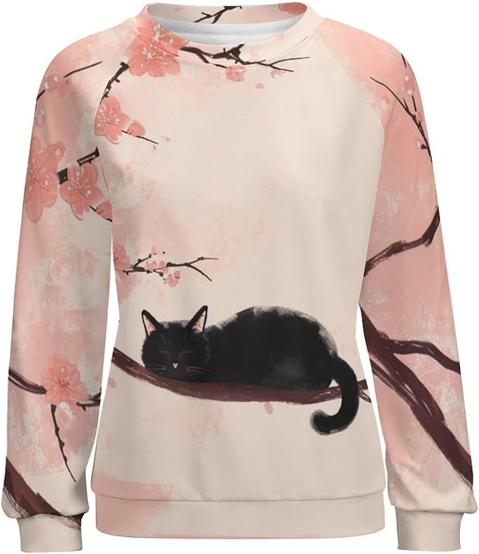 Long Sleeve Shirts for Women Cat Printed Fall Winter Dressy Holiday Casual Fashion Crewneck Tunic Tee Shirts
