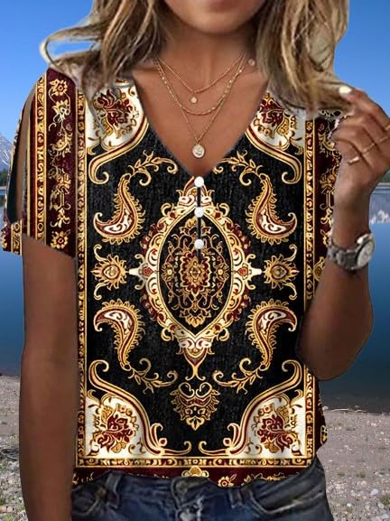 Women's Boho Butterfly Floral Print Cold Shoulder Flowy Tops Summer Dressy Casual V Neck Ladies Blouses Tunic Tops