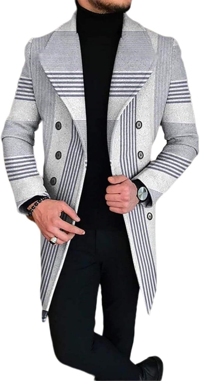 Men's Plaid Long Trench Coat Mid - Length Lapel Collar Button Down Warm Overcoat for Winter & Autumn Fashion