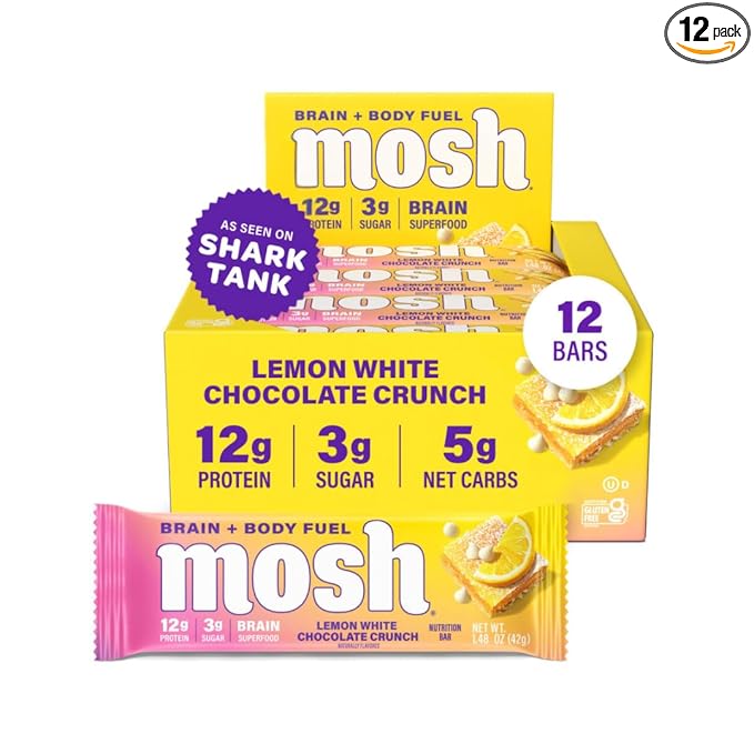 MOSH Lemon White Chocolate Keto Protein Bars, High Fiber, Low Carb, Gluten Free, High Protein, Brain Healthy Snack, 12 Count
