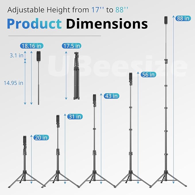 UBeesize 88’’ Flexible Phone Tripod with 14.95’’ Gooseneck, Remote and Phone Holder, Overhead Cell Phone Stand＆Selfie Stick for Video Recording, Compatible with iPhone Android Phone, Camera Black