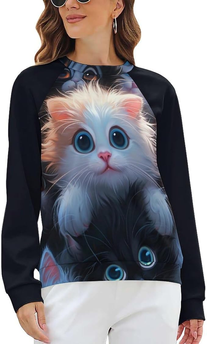Long Sleeve Shirt Women Fall Cat Print Funny Hide Belly Vacation Plus Size Ladies Hippie Dressy Sweaters