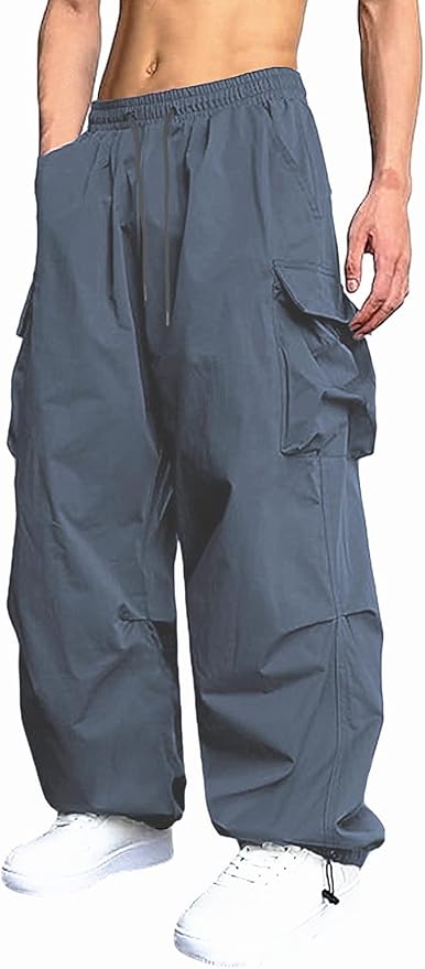 Men's Casual Cargo Pants Elastic Waist Drawstring Street Hip Hop Trousers with Pockets