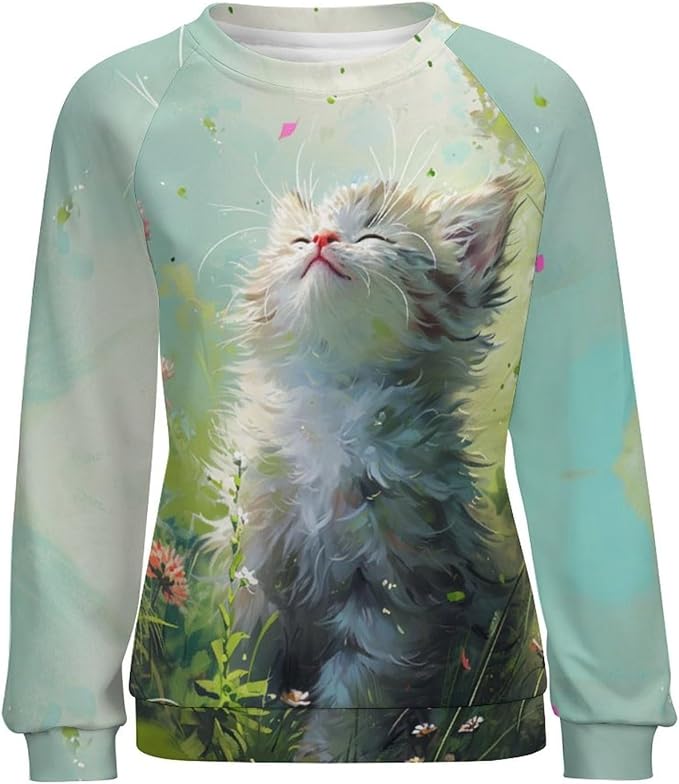 Long Sleeve Shirts for Women Cat Printed Fall Winter Dressy Holiday Casual Fashion Crewneck Tunic Tee Shirts