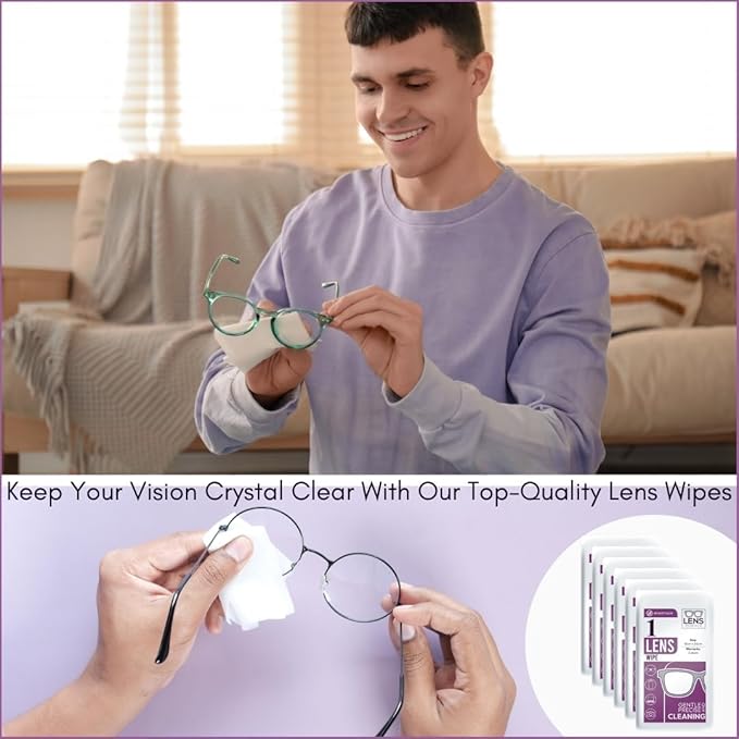Eye Glasses Cleaner Wipes - Lens Wipes for Eyeglasses - Individually Wrapped Wipes - Multipurpose Cleaner for Cameras and Sunglasses, 100 Count (12cm x 20cm)