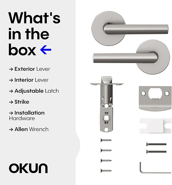 Okun Stark 1-Pack Brushed Nickel Passage Door Levers – Reversible Non-Locking Interior Handles with Sleek Concealed-Mount Design for Hallways & Closets
